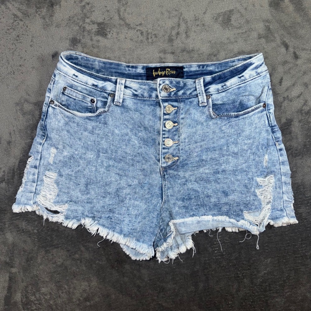 Womens 13/30 Indigo Rein Jean Shorts Blue Excellent Distressed Button Fly